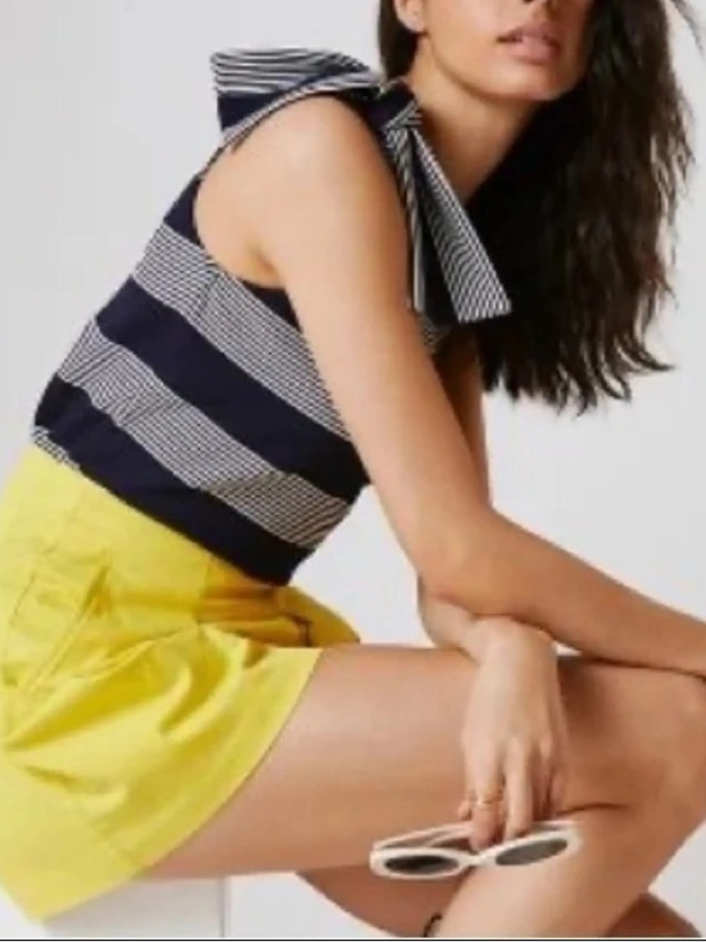 Anthropologie Bishop & Young Navy & White Nautical Stripe One Shoulder Bow Tank